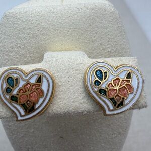 Vintage Cloisonné Heart Pierced earrings white